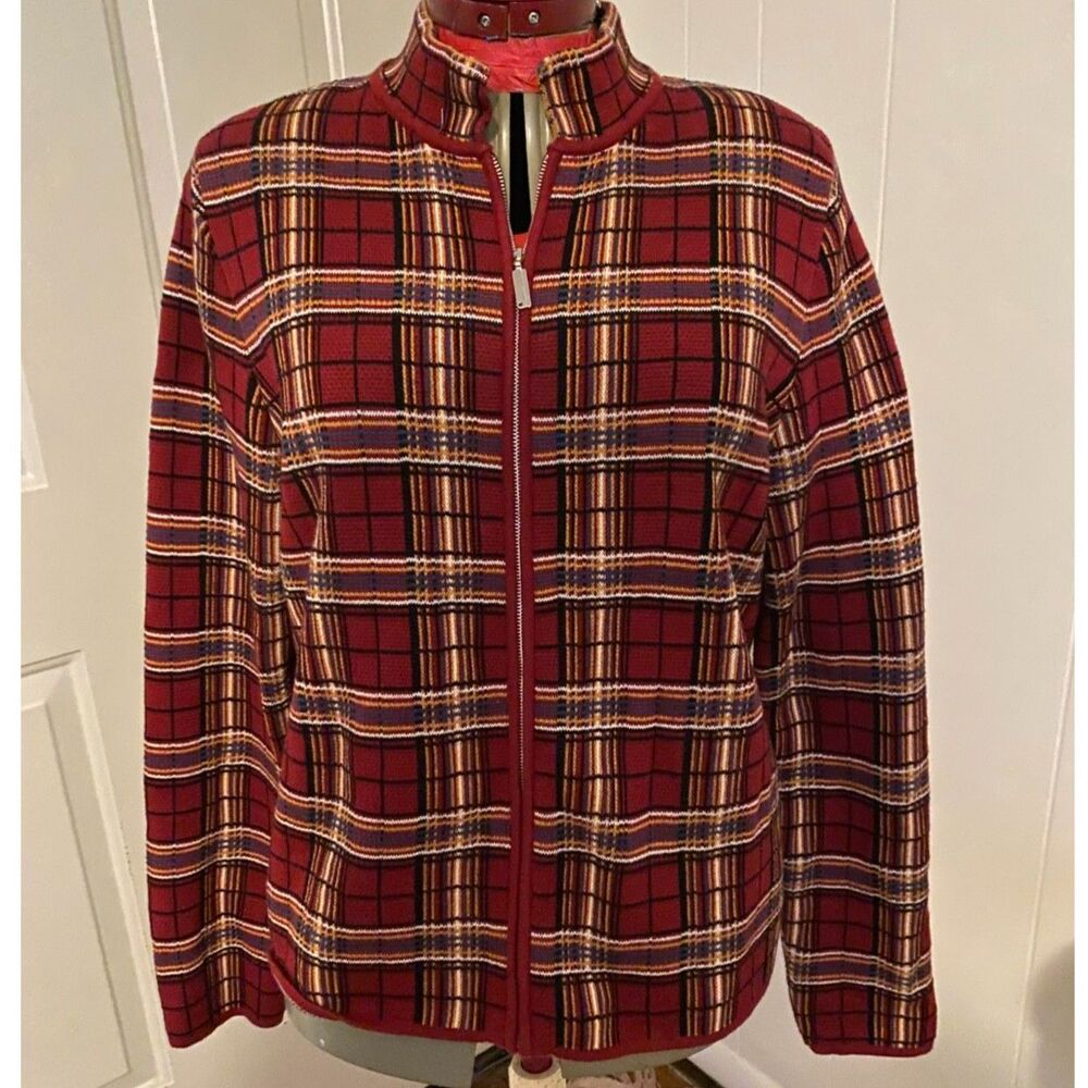 Christopher & Banks Plaid Zip Up 100% Cotton Jacket Women Size L